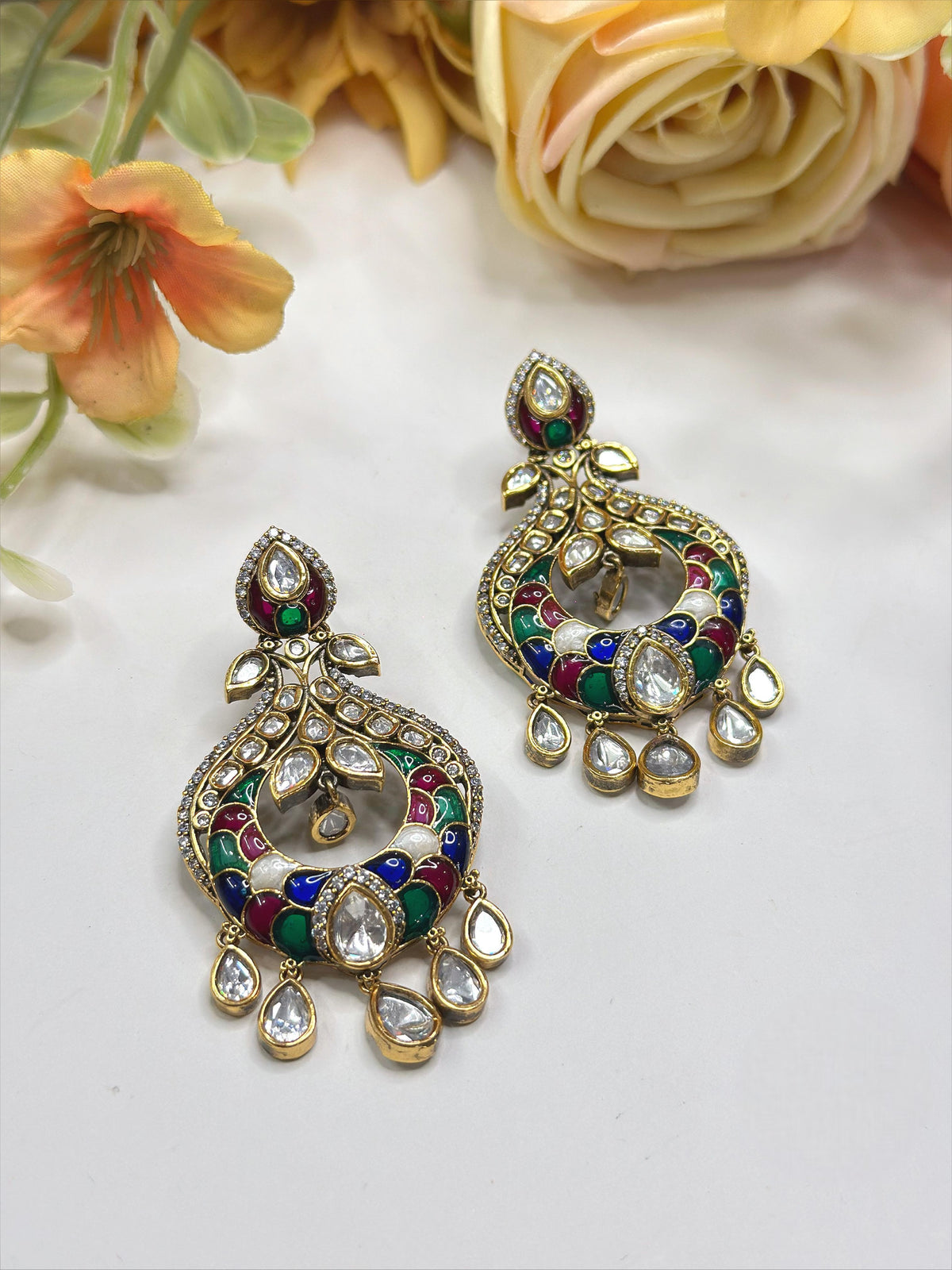 Multicolour Meenakari Kundan Chandbali Earrings with Pear-Shaped Stones – Traditional Indian Jewelry - Libasaa.com