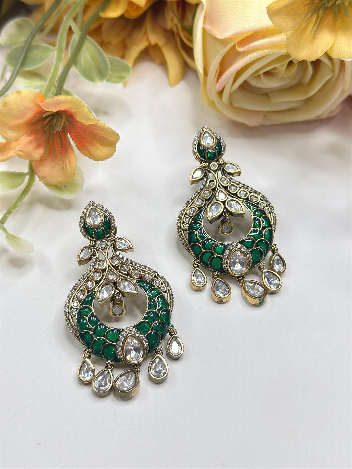 Multicolour Meenakari Kundan Chandbali Earrings with Pear-Shaped Stones – Traditional Indian Jewelry - Libasaa.com
