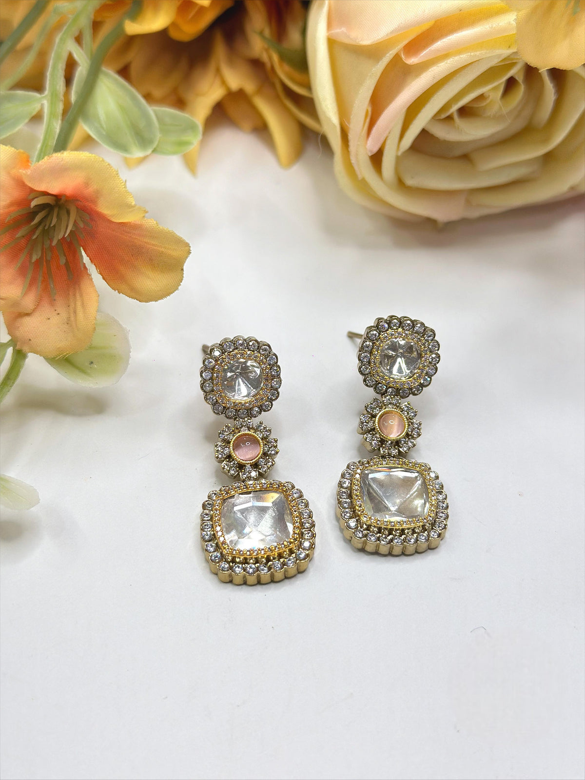 Gold-Plated Square Kundan Drop Earrings with Ruby Accent – Elegant Party Wear Jewelry - Libasaa.com