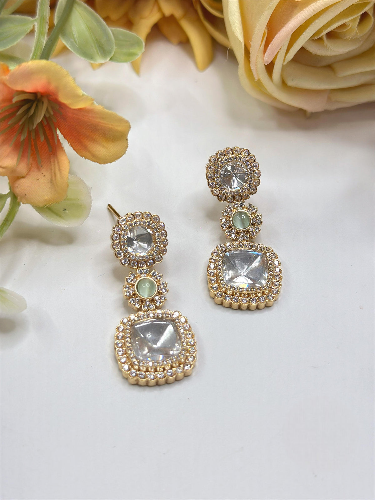 Gold-Plated Square Kundan Drop Earrings with Ruby Accent – Elegant Party Wear Jewelry - Libasaa.com