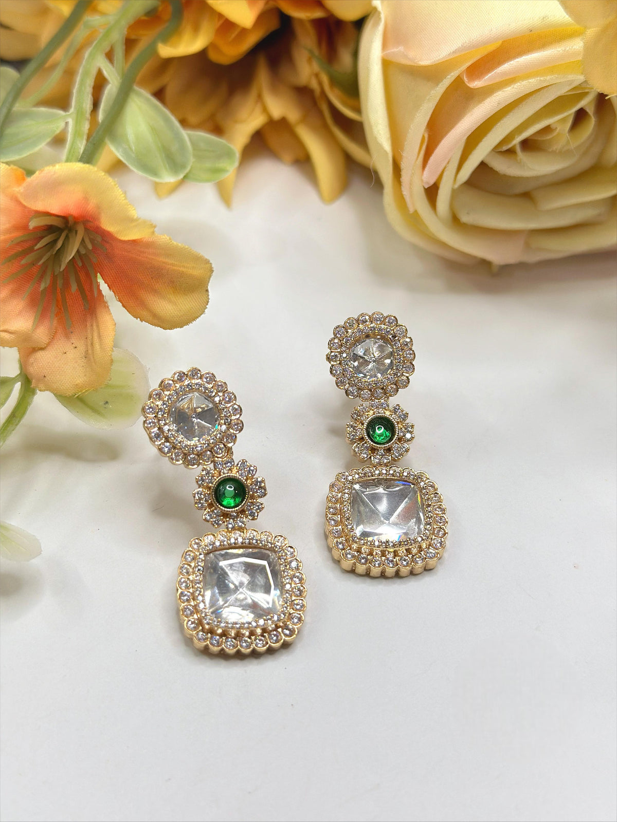 Gold-Plated Square Kundan Drop Earrings with Ruby Accent – Elegant Party Wear Jewelry - Libasaa.com