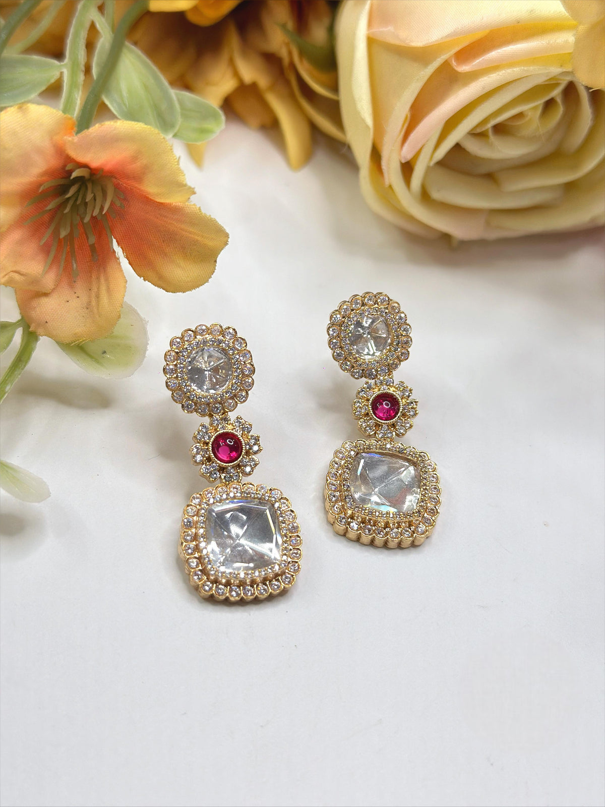 Gold-Plated Square Kundan Drop Earrings with Ruby Accent – Elegant Party Wear Jewelry - Libasaa.com