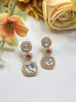 Gold-Plated Square Kundan Drop Earrings with Ruby Accent – Elegant Party Wear Jewelry - Libasaa.com