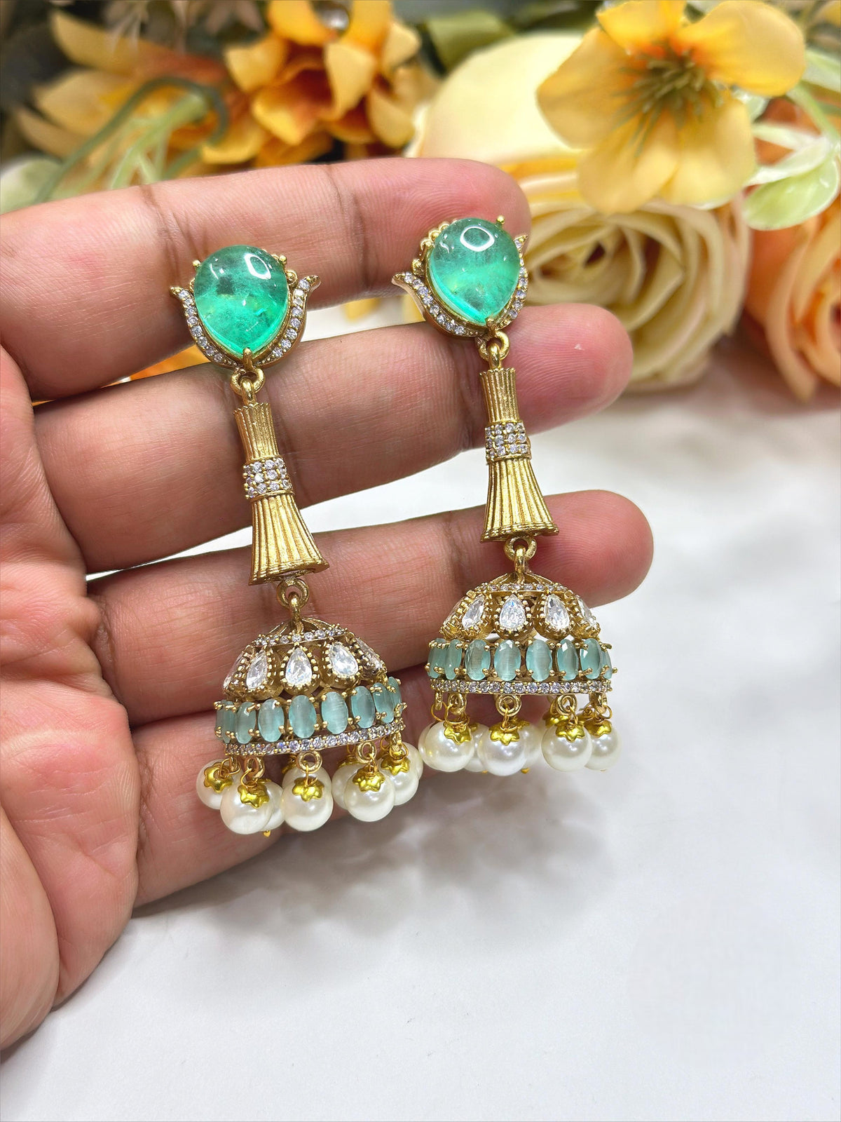 Mint Green Stone & Pearl Jhumka Earrings - Libasaa.com