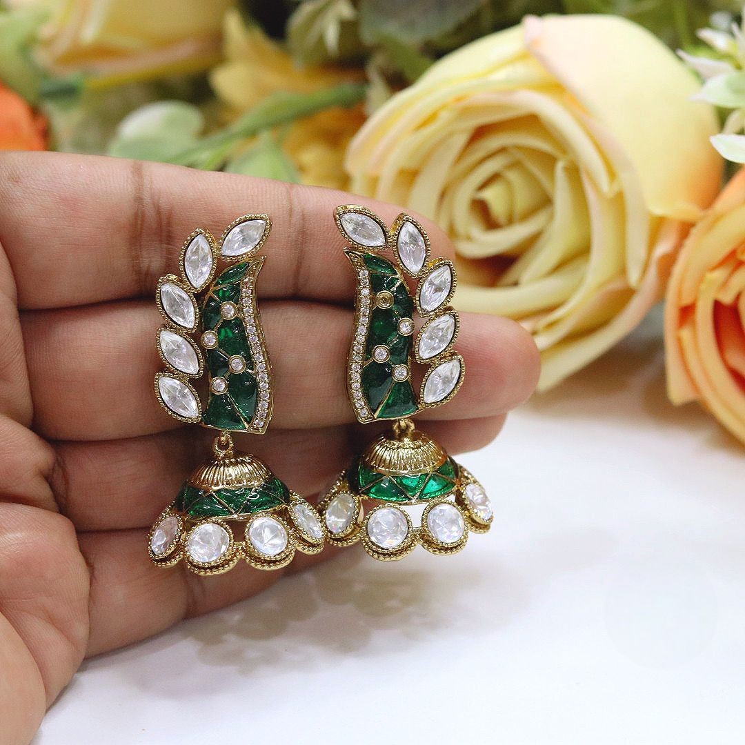 Elegant Blue and White Stone Peacock Jhumka Earrings - Libasaa.com