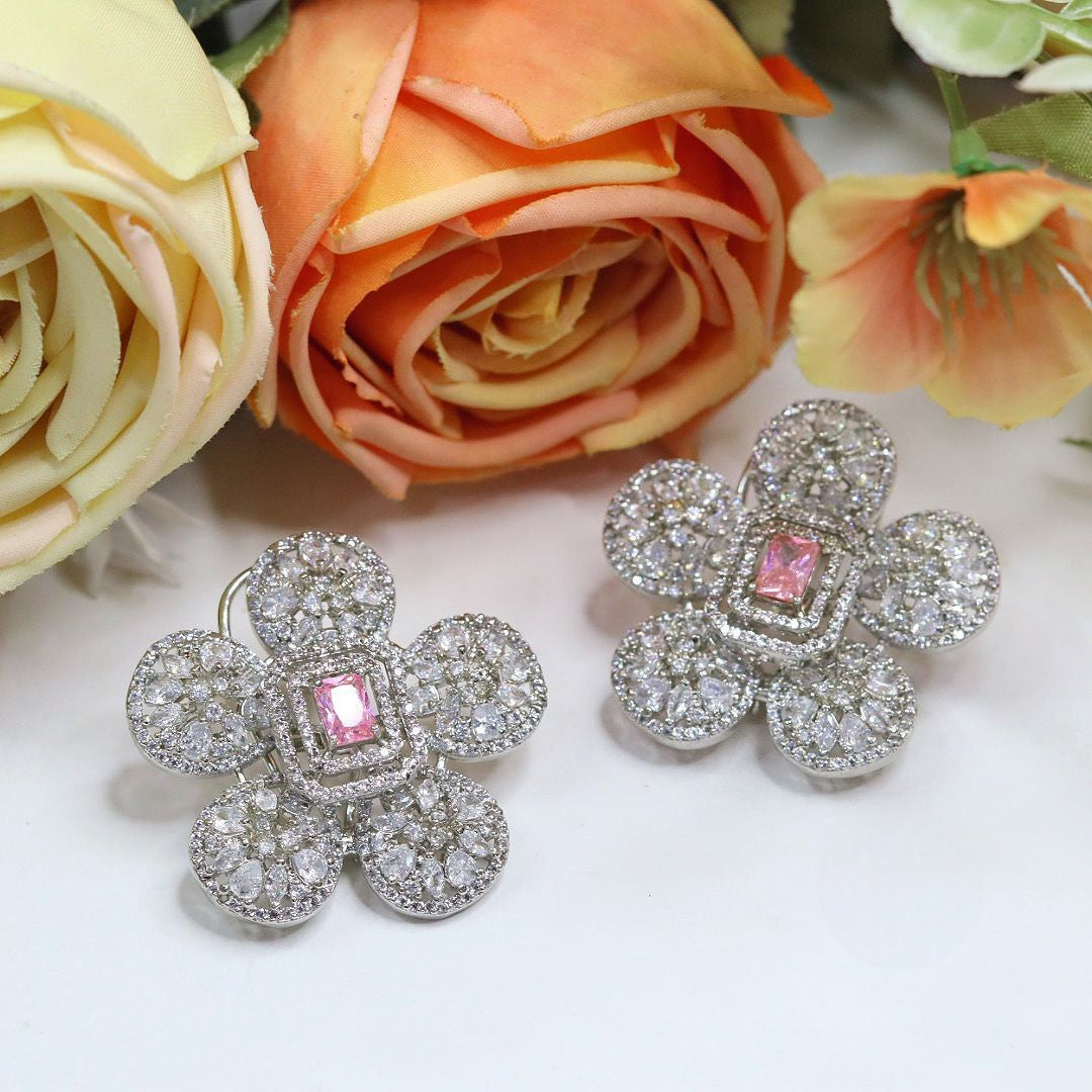 Blossom Radiance Pink Stone Floral Earrings – Elegant Party Glam - Libasaa.com