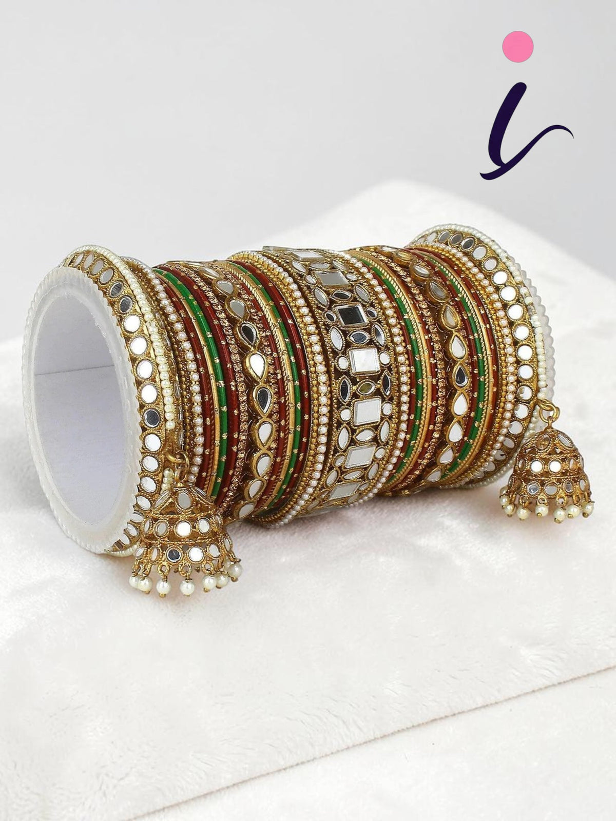 Mirror Velvet Bangles Set with Jhumki, Brass Metal Mirror Bridal Bangles, Traditional Indian Wedding Jewelry for Women