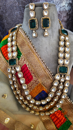 Indian Multi Layered Polki Work Bridal Necklace Earrings Set - Libasaa.com