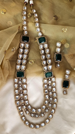 Indian Multi Layered Polki Work Bridal Necklace Earrings Set - Libasaa.com