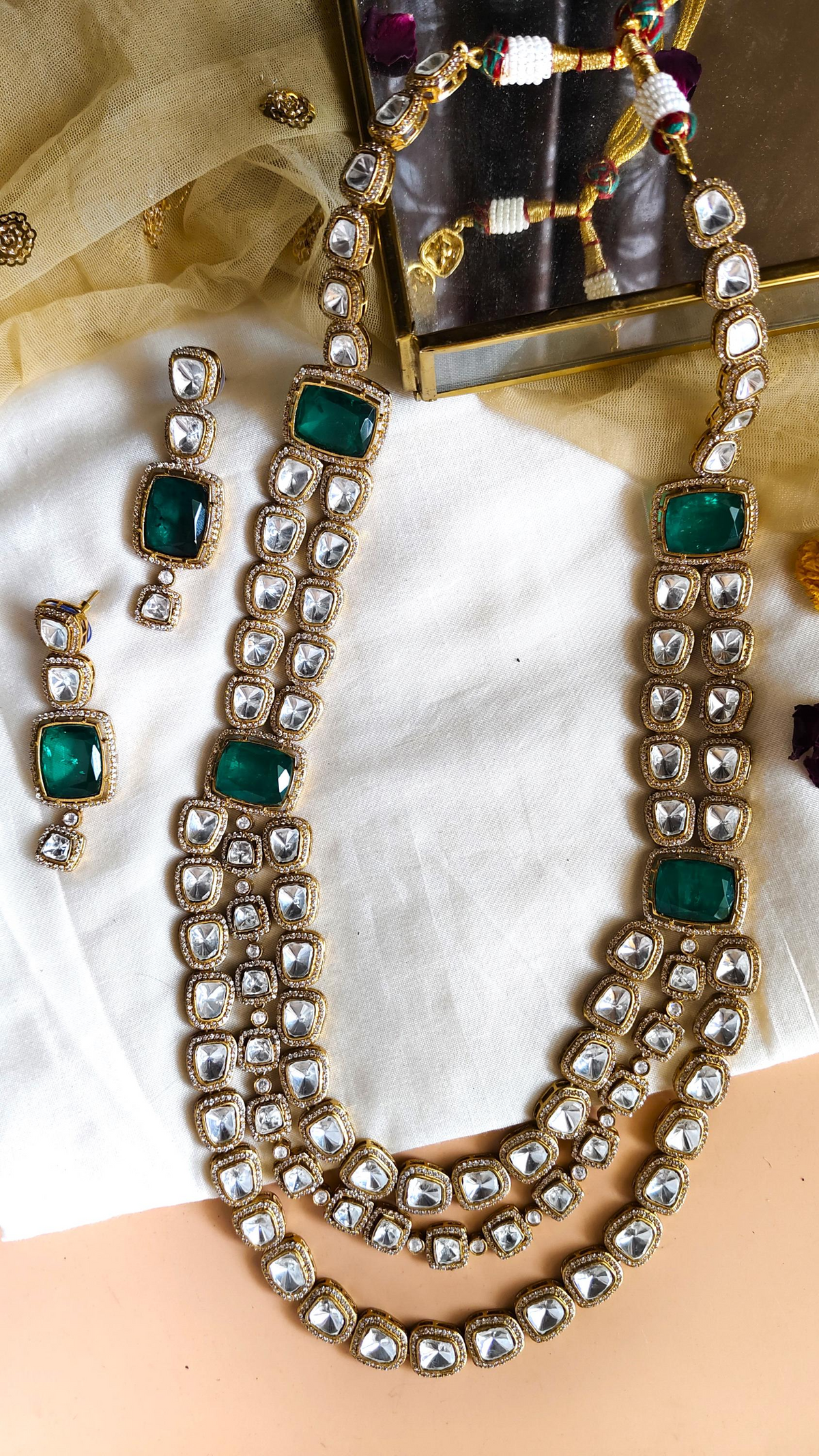 Indian Multi Layered Polki Work Bridal Necklace Earrings Set - Libasaa.com