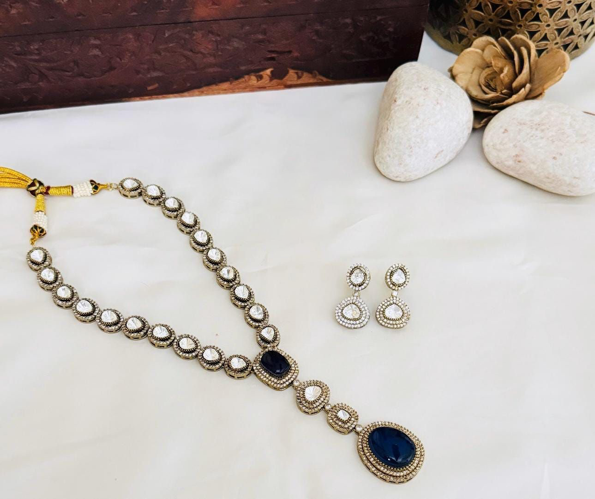 Punjabi Silver Plated Polki Necklace Set For Wedding - Libasaa.com