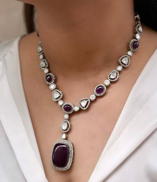 Punjabi Silver Plated Polki Necklace Set For Wedding - Libasaa.com