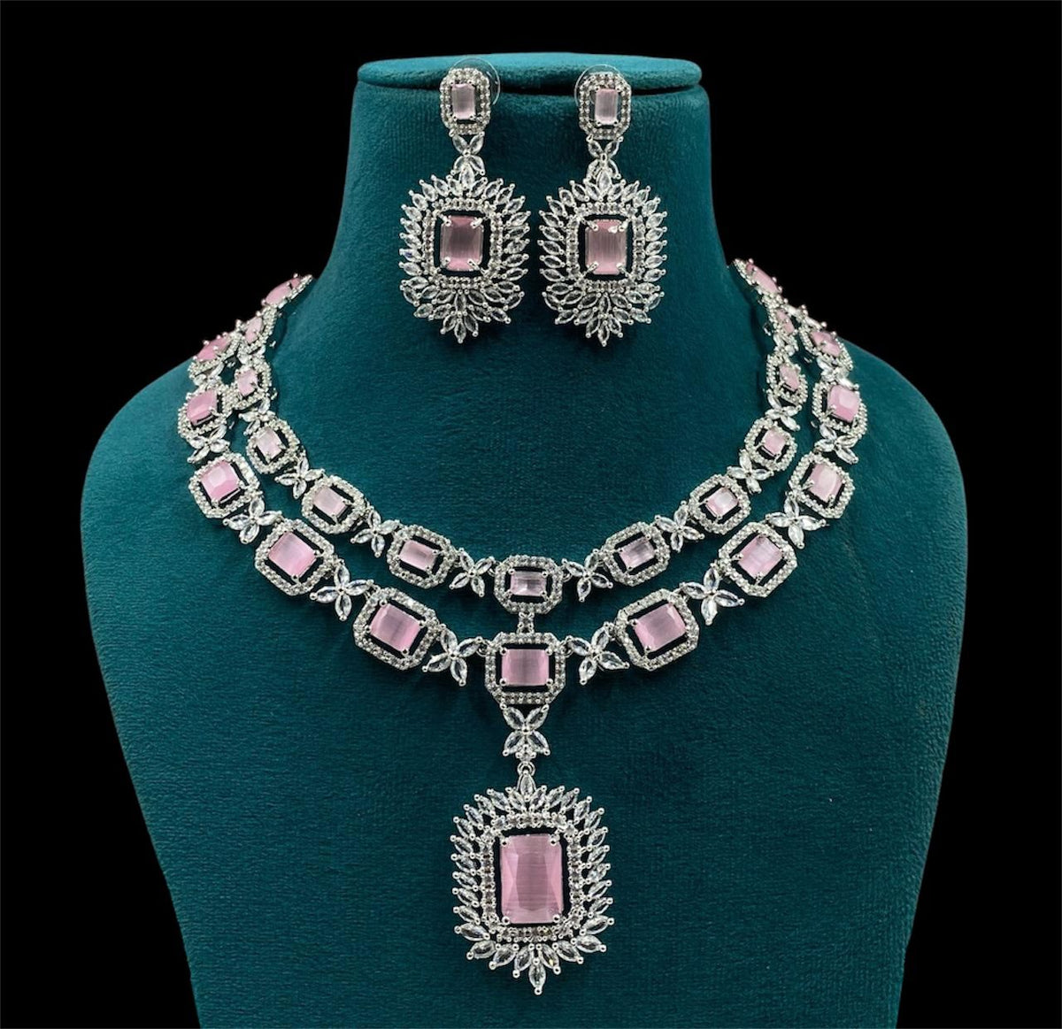 Pakistani Double Layer Floral Design Polki Necklace Set - Libasaa.com