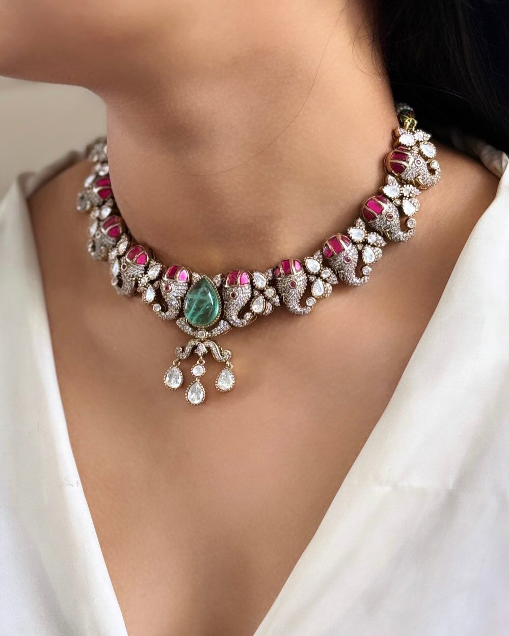 Elephant Design Indian Wedding Polki Choker Earrings Set For Women - Libasaa.com