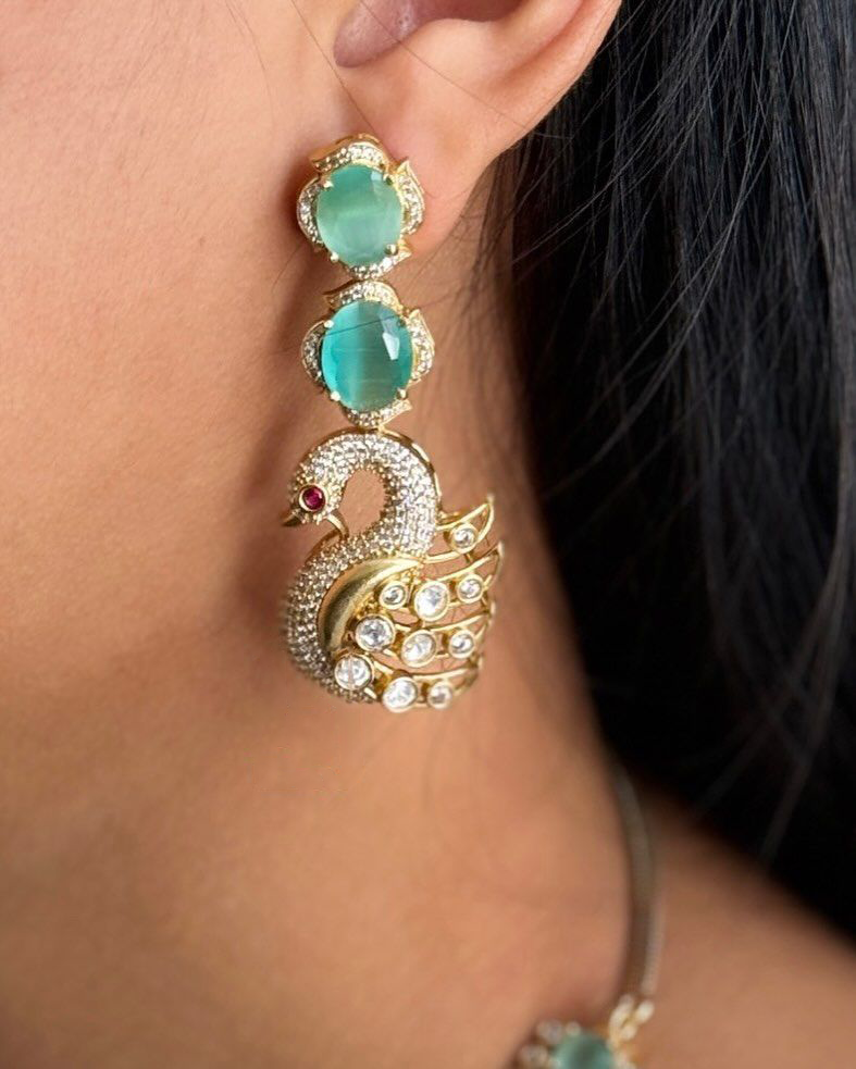 Indian Peacock Inspired Pale Green Choker Earrings Set - Libasaa.com