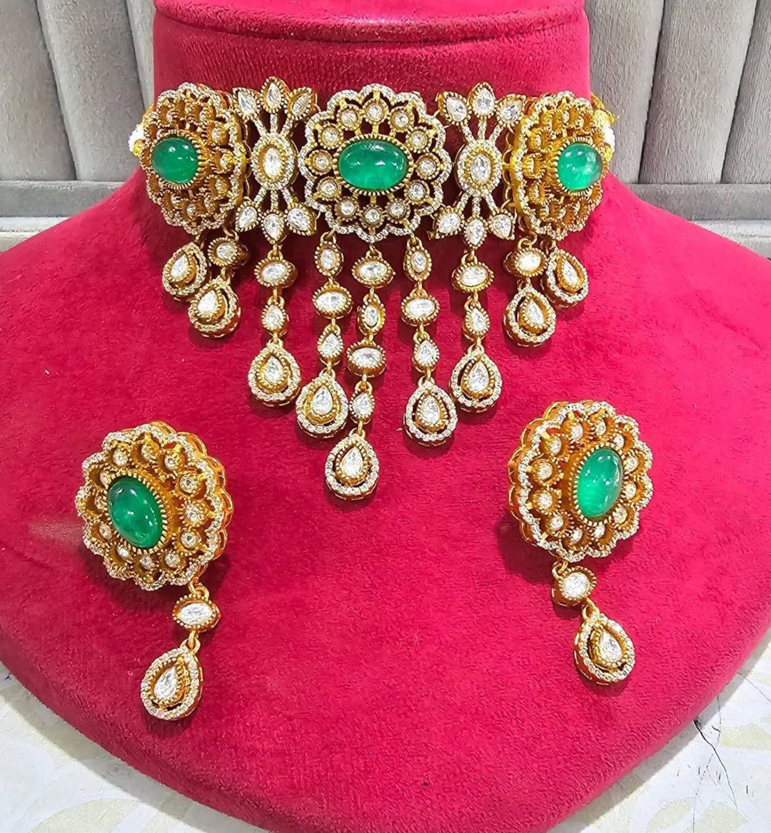 Traditional Gold Plated Polki Work Festive Choker Earrings Set For Women - Libasaa.com