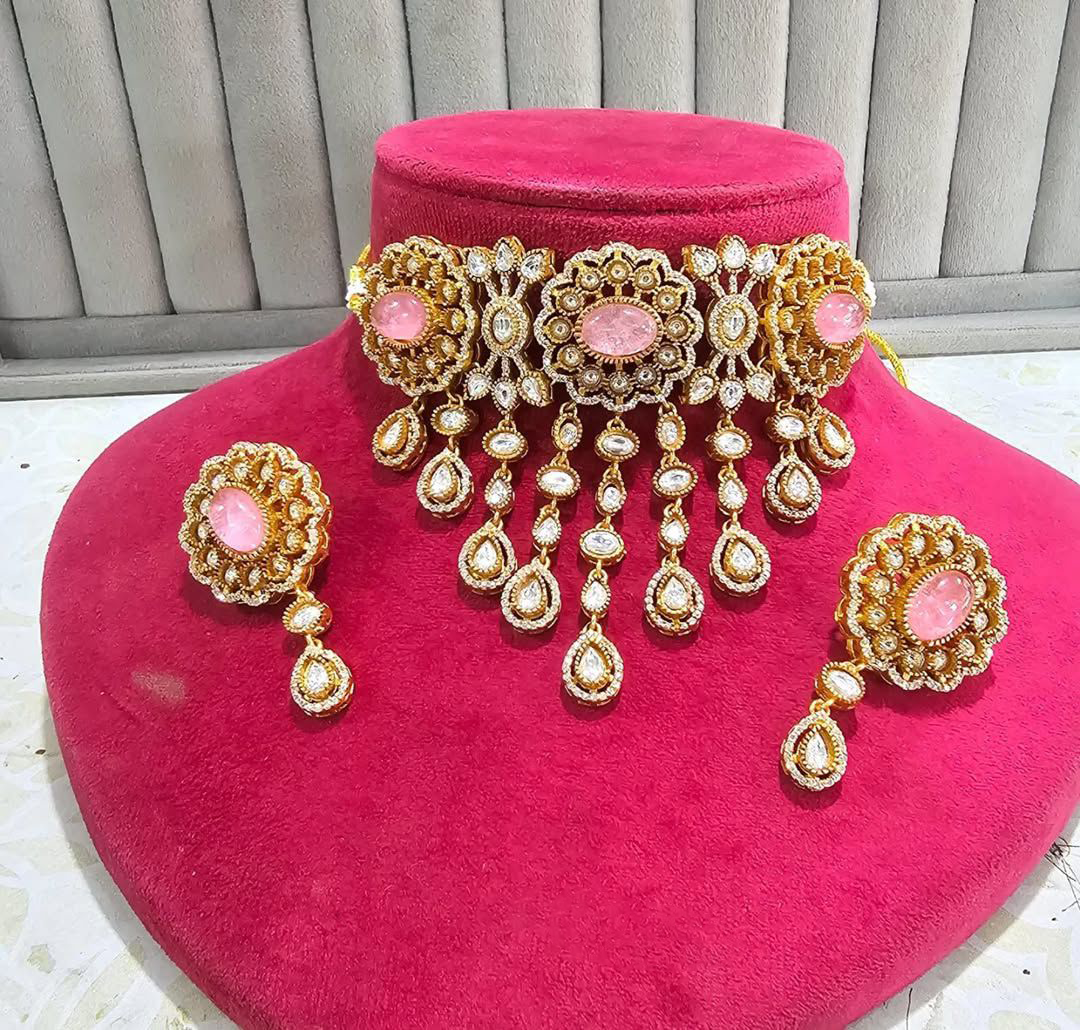 Traditional Gold Plated Polki Work Festive Choker Earrings Set For Women - Libasaa.com