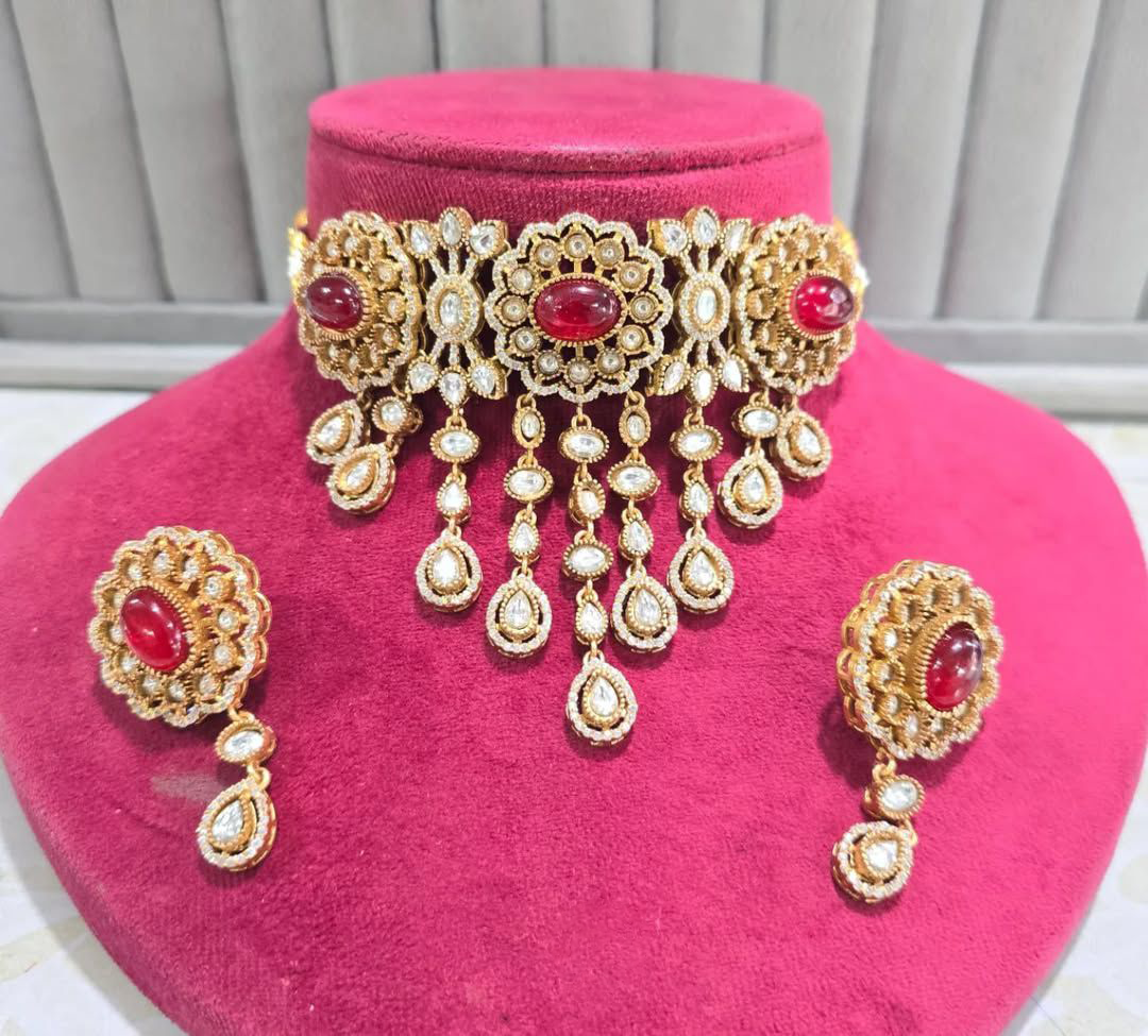 Traditional Gold Plated Polki Work Festive Choker Earrings Set For Women - Libasaa.com