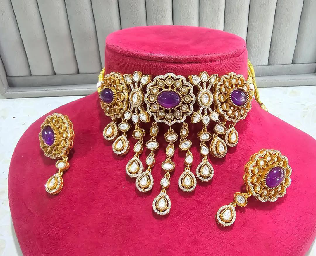 Traditional Gold Plated Polki Work Festive Choker Earrings Set For Women - Libasaa.com