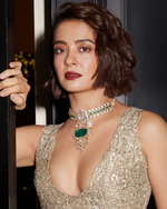 Surveen Chawla Inspired Royal Polki Choker Earrings Set For Wedding - Libasaa.com