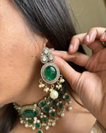 Bollywood Design Green Oval Shaped Polki Necklace Earrings For Wedding - Libasaa.com
