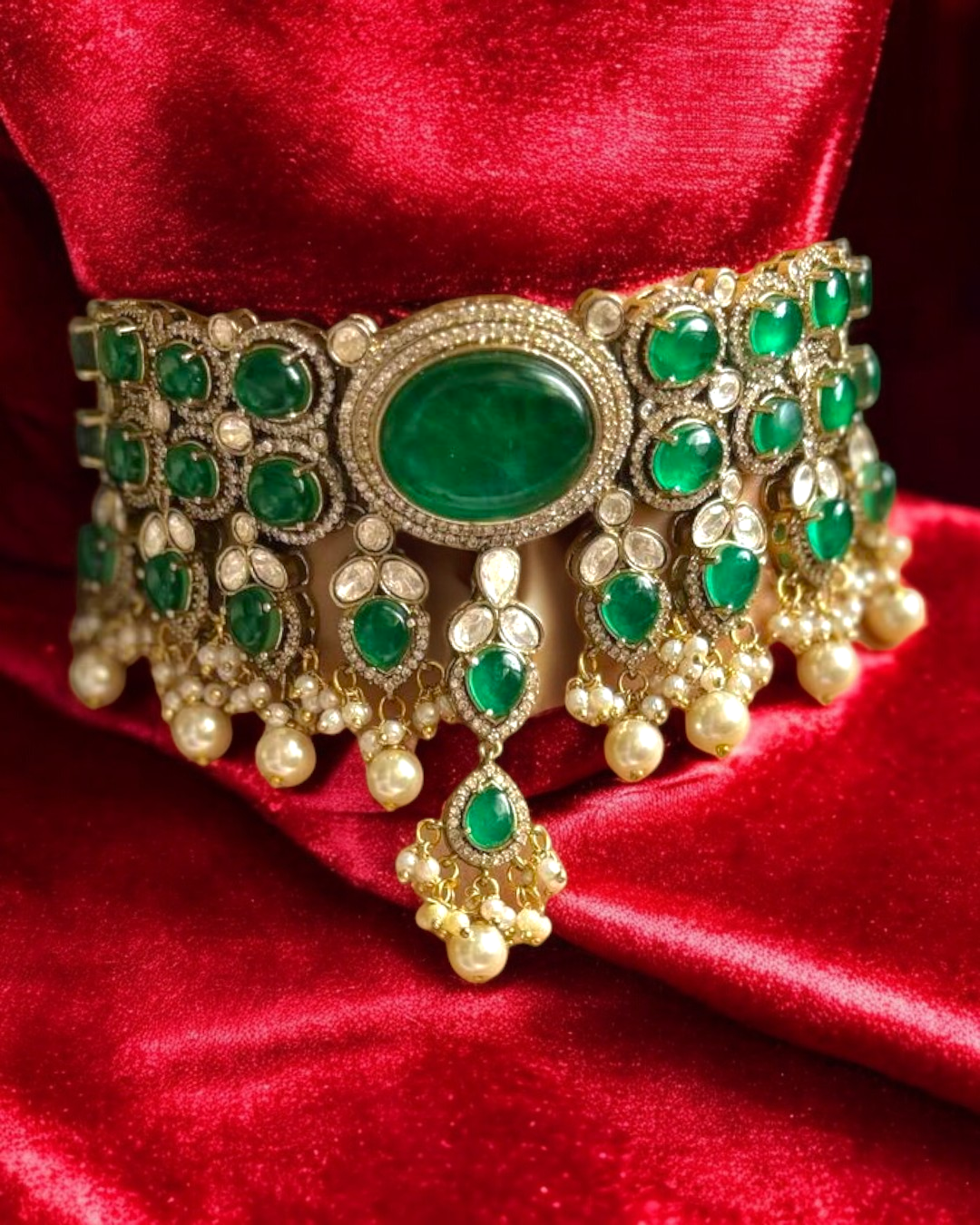 Bollywood Design Green Oval Shaped Polki Necklace Earrings For Wedding - Libasaa.com