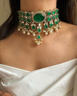 Bollywood Design Green Oval Shaped Polki Necklace Earrings For Wedding - Libasaa.com