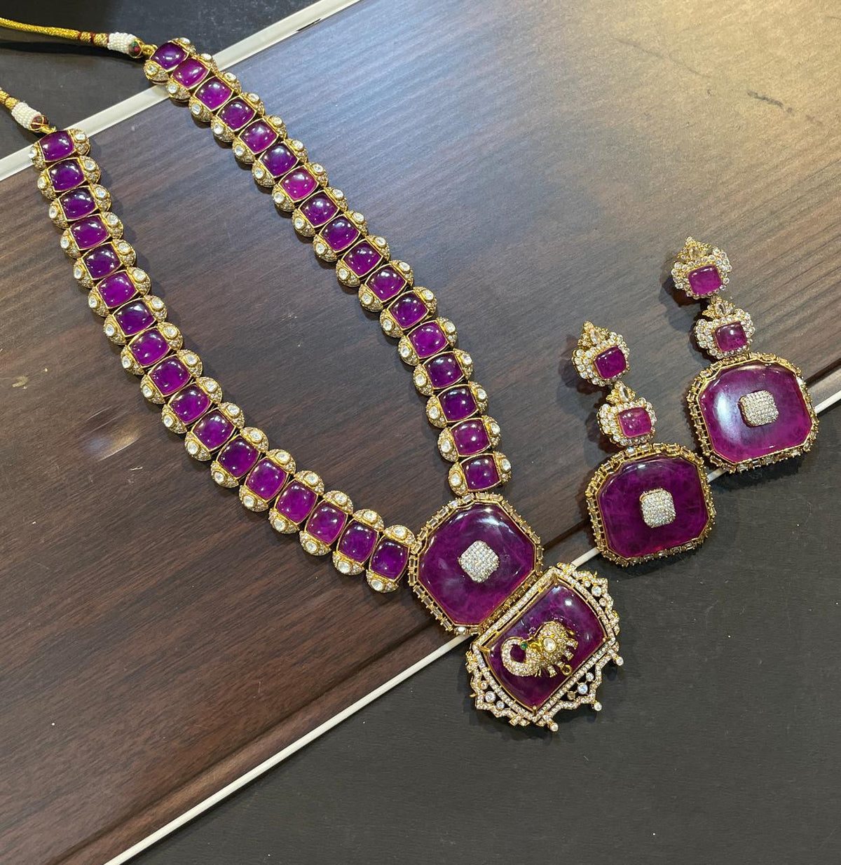 Celebrities Inspired Elephant Design Polki Necklace Earrings Set For Wedding - Libasaa.com