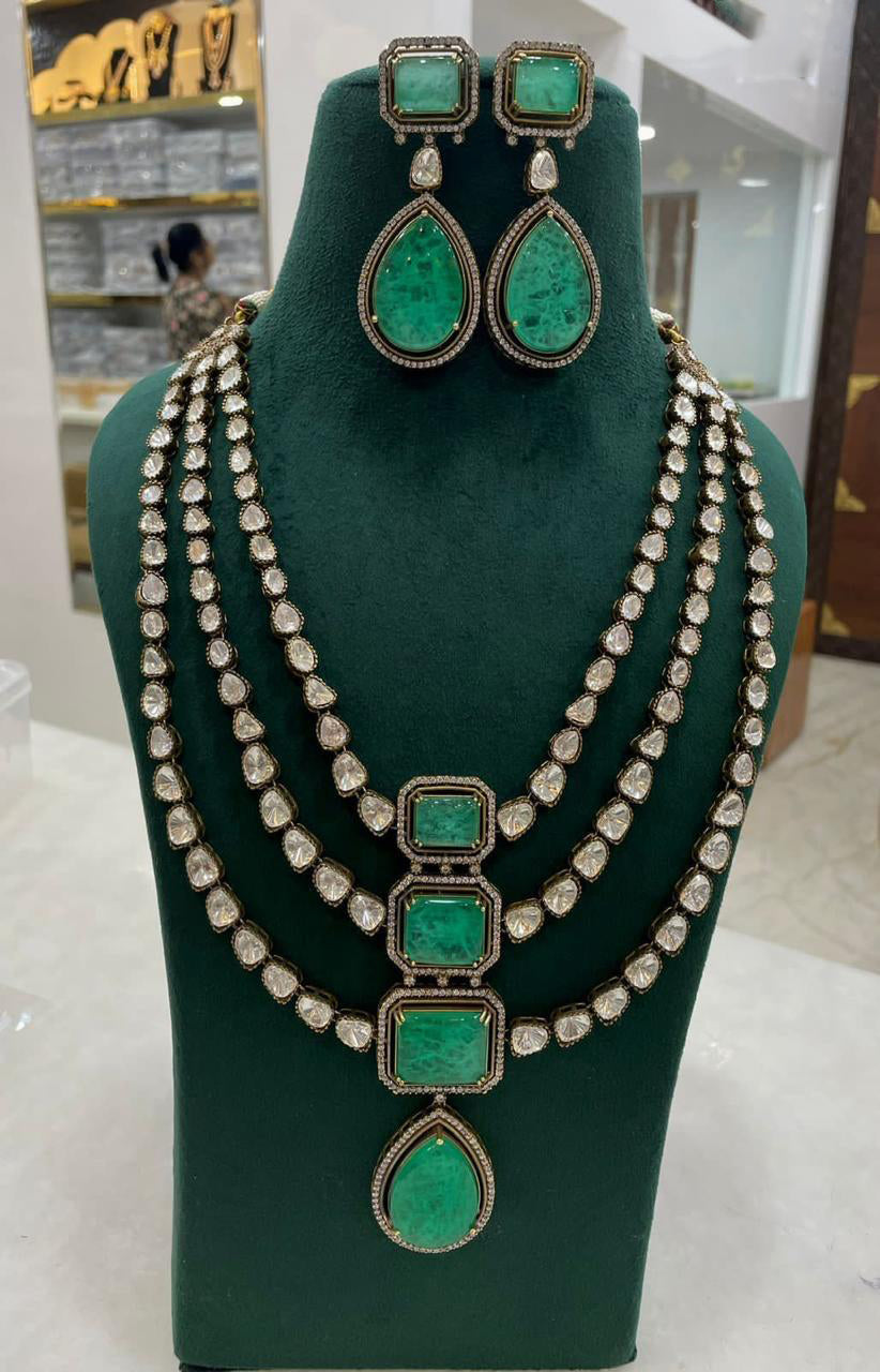 Sabyasachi Victorian Three Layer Polki Kundan NecklaceEarrings Set - Libasaa.com