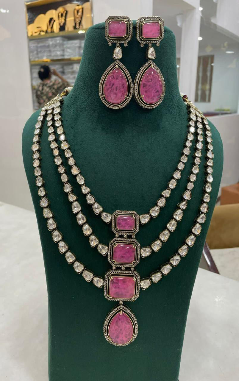 Sabyasachi Victorian Three Layer Polki Kundan NecklaceEarrings Set - Libasaa.com