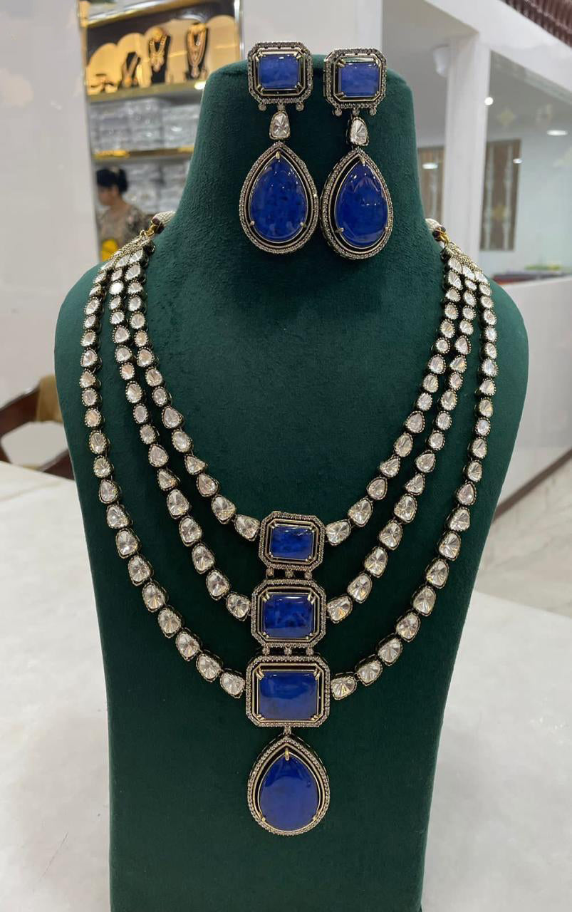 Sabyasachi Victorian Three Layer Polki Kundan NecklaceEarrings Set - Libasaa.com
