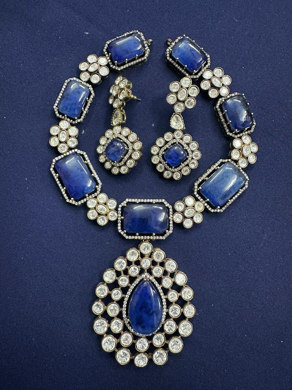 Antique Silver Tone Polki Necklace Kundan Earings Set For Wedding - Libasaa.com
