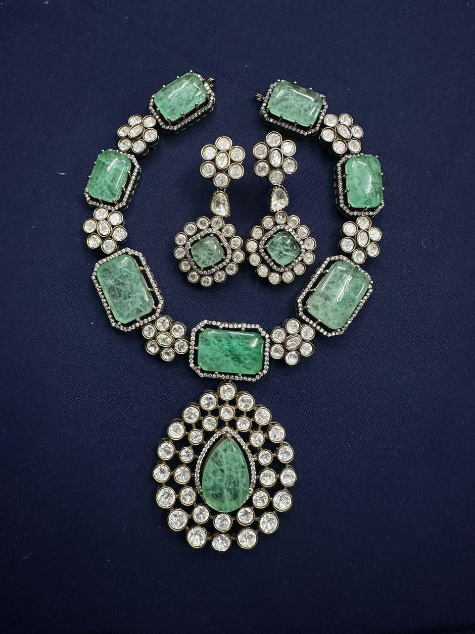 Antique Silver Tone Polki Necklace Kundan Earings Set For Wedding - Libasaa.com