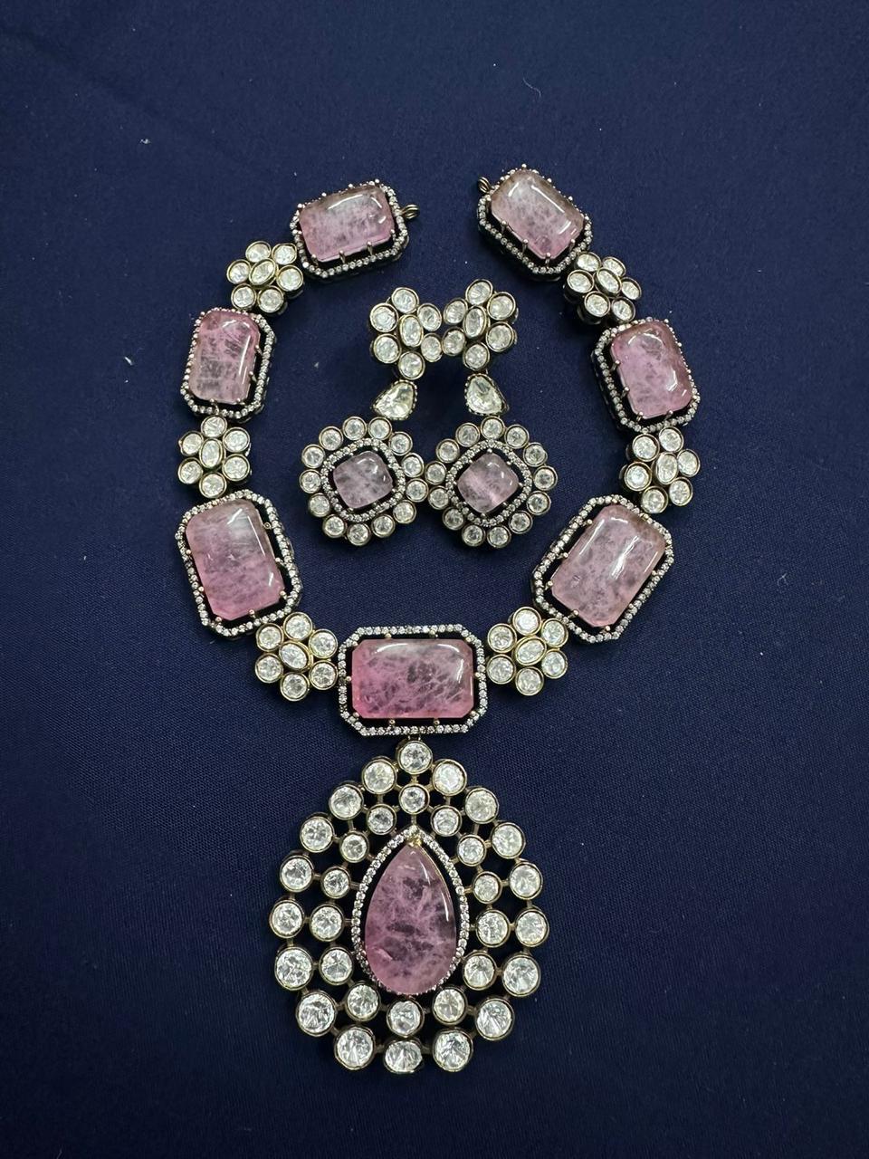 Antique Silver Tone Polki Necklace Kundan Earings Set For Wedding - Libasaa.com
