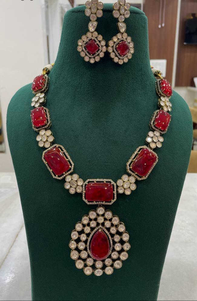 Indian Square Flower Design Polki Kundan Necklace Earrings Set For Women - Libasaa.com
