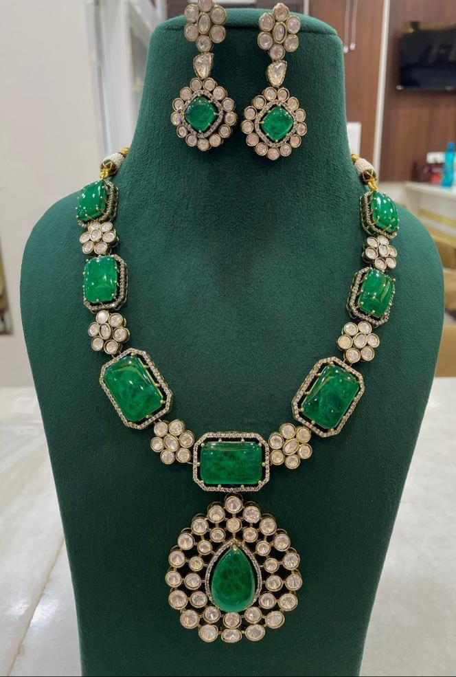 Indian Square Flower Design Polki Kundan Necklace Earrings Set For Women - Libasaa.com