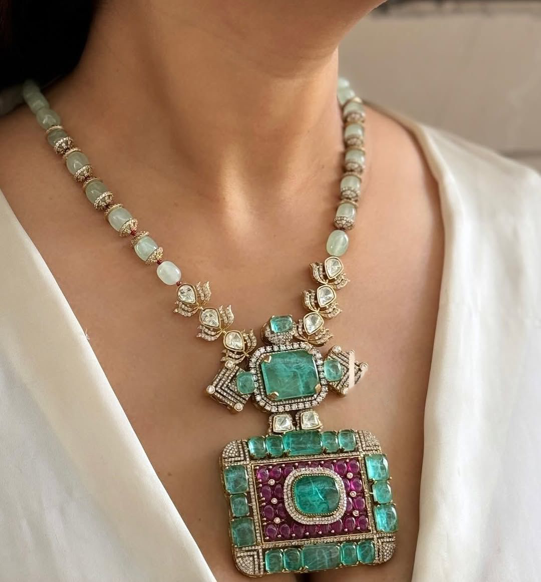 Rajsthani Royal Dangling Polki Necklace Earrings Kundan Jewelry Set - Libasaa.com