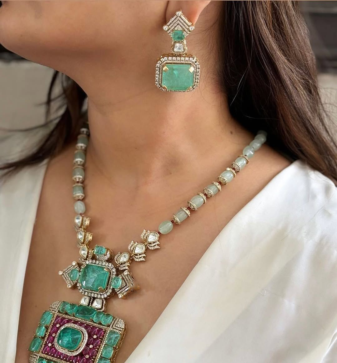 Rajsthani Royal Dangling Polki Necklace Earrings Kundan Jewelry Set - Libasaa.com