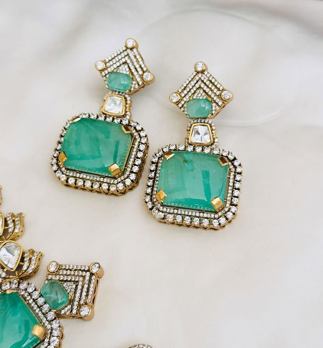 Rajsthani Royal Dangling Polki Necklace Earrings Kundan Jewelry Set - Libasaa.com