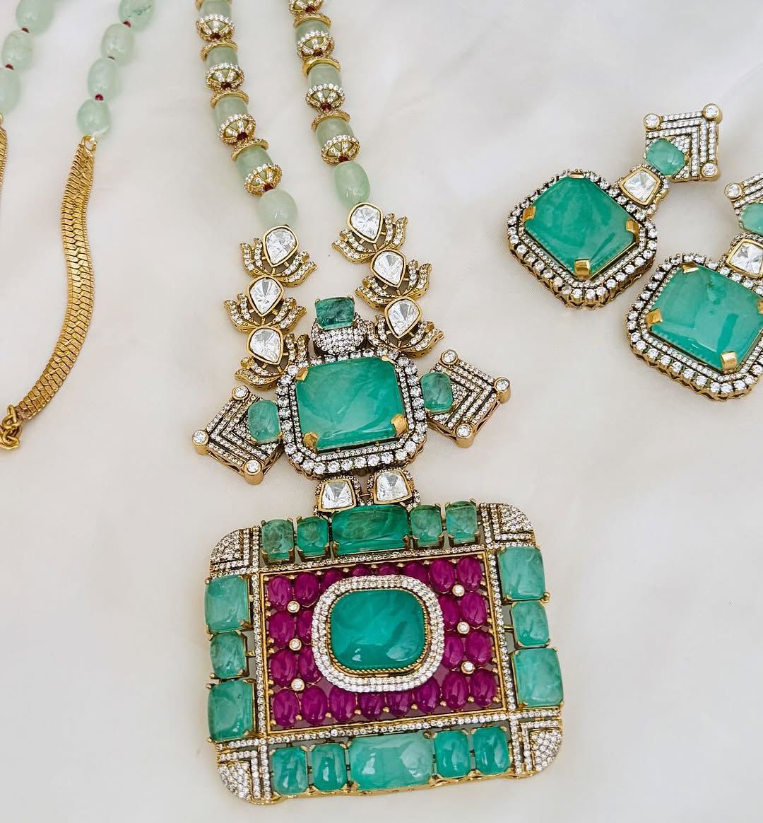 Rajsthani Royal Dangling Polki Necklace Earrings Kundan Jewelry Set - Libasaa.com
