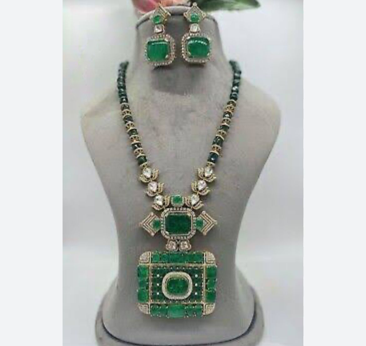 Rajsthani Royal Dangling Polki Necklace Earrings Kundan Jewelry Set - Libasaa.com