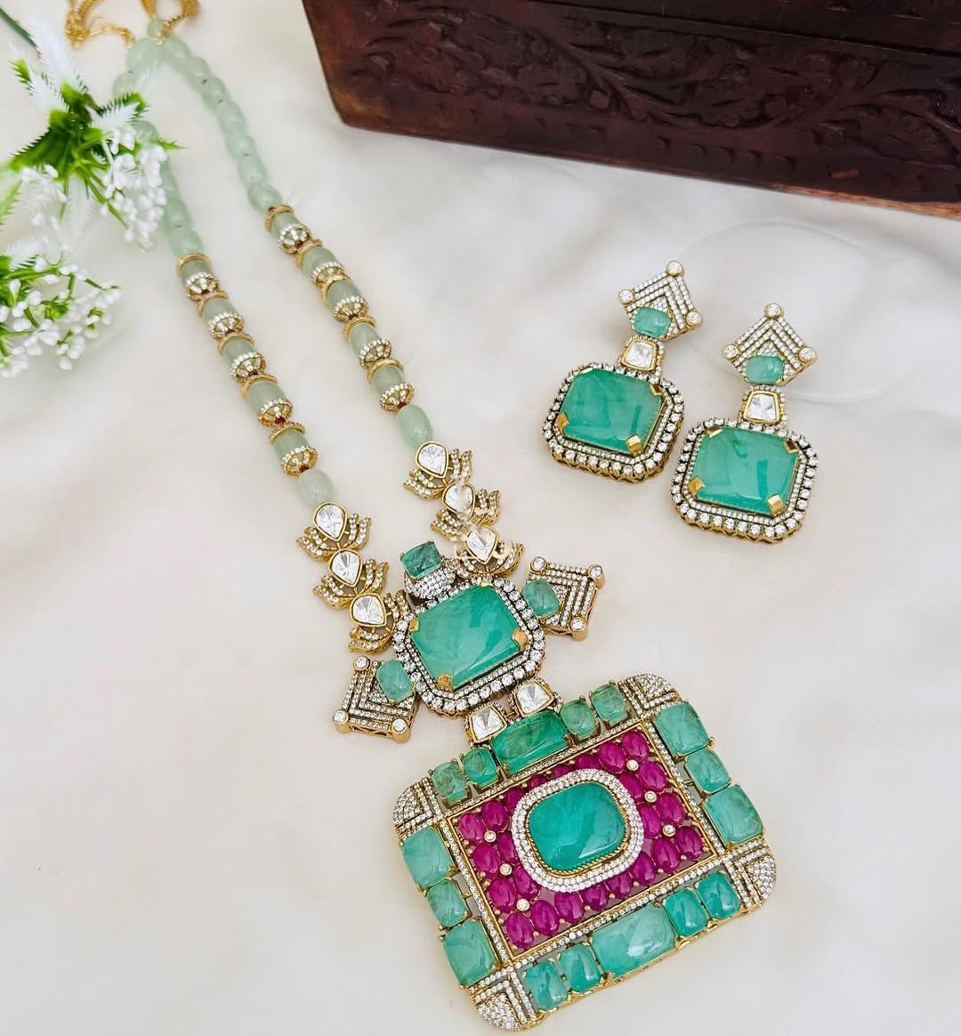 Rajsthani Royal Dangling Polki Necklace Earrings Kundan Jewelry Set - Libasaa.com