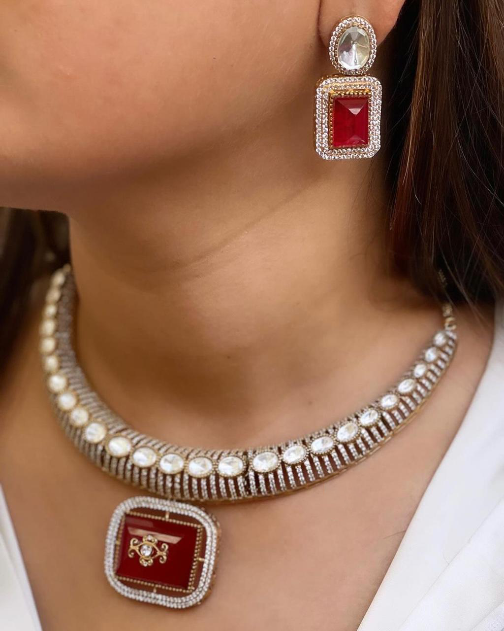 Pakistani Gold Plated Polki Choker Earrings Set For Women - Libasaa.com