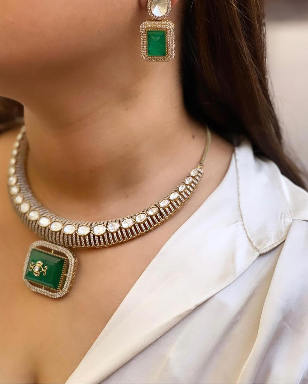 Pakistani Gold Plated Polki Choker Earrings Set For Women - Libasaa.com