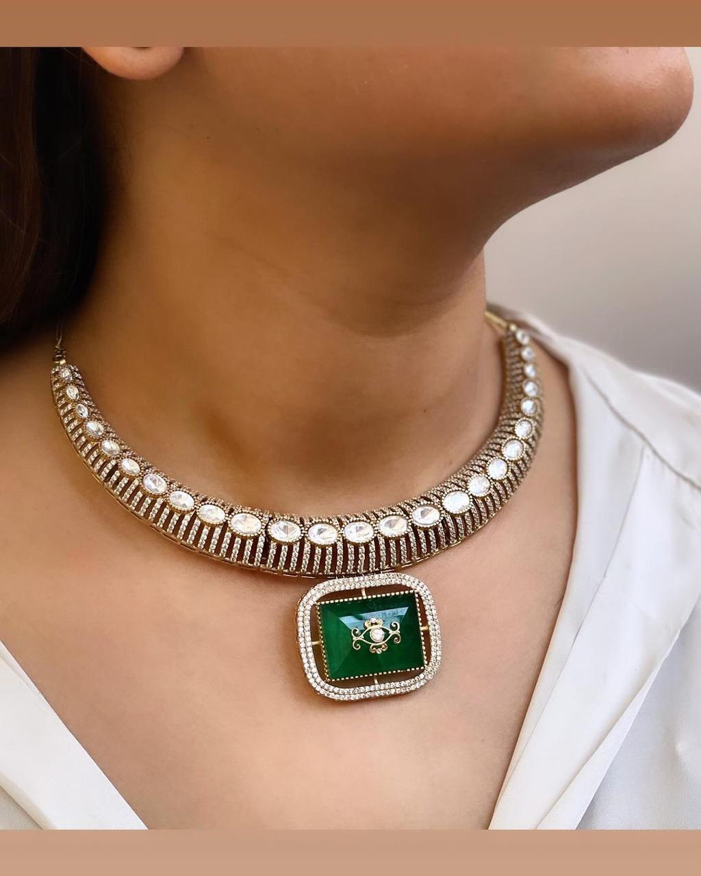 Pakistani Gold Plated Polki Choker Earrings Set For Women - Libasaa.com