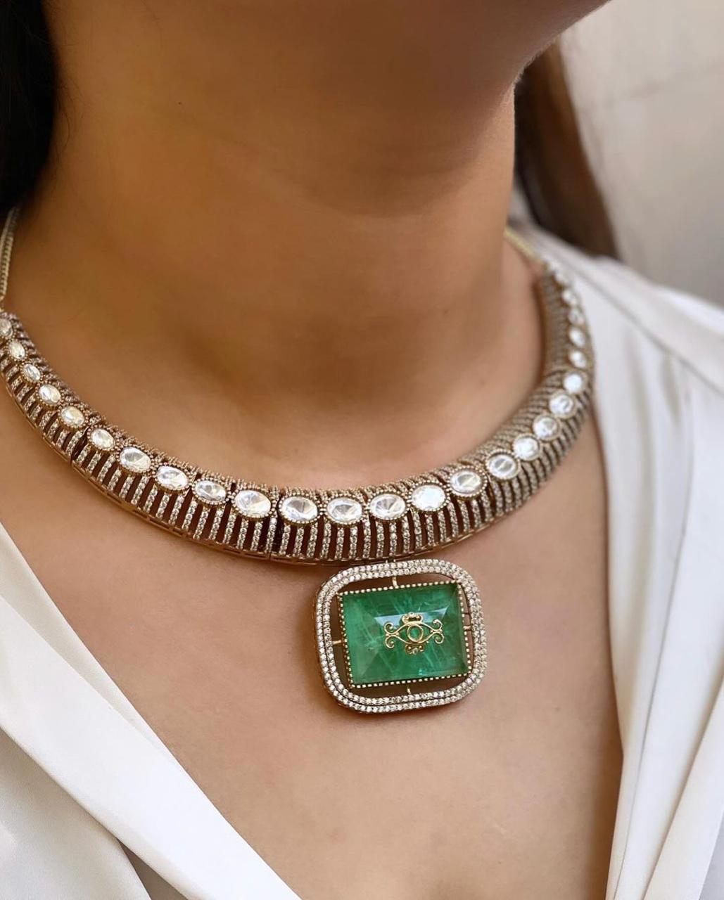 Pakistani Gold Plated Polki Choker Earrings Set For Women - Libasaa.com