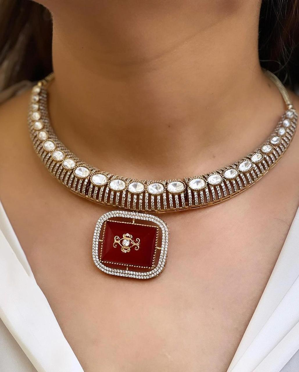 Pakistani Gold Plated Polki Choker Earrings Set For Women - Libasaa.com