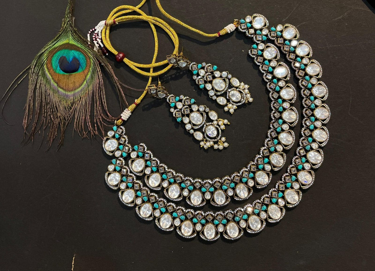 Double Layer Polki White Choker Earrings Set For Wedding - Libasaa.com