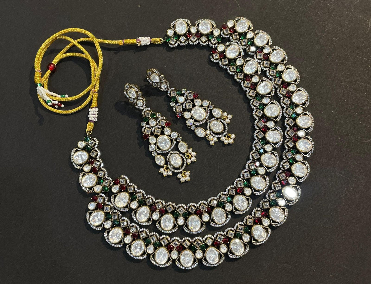 Double Layer Polki White Choker Earrings Set For Wedding - Libasaa.com