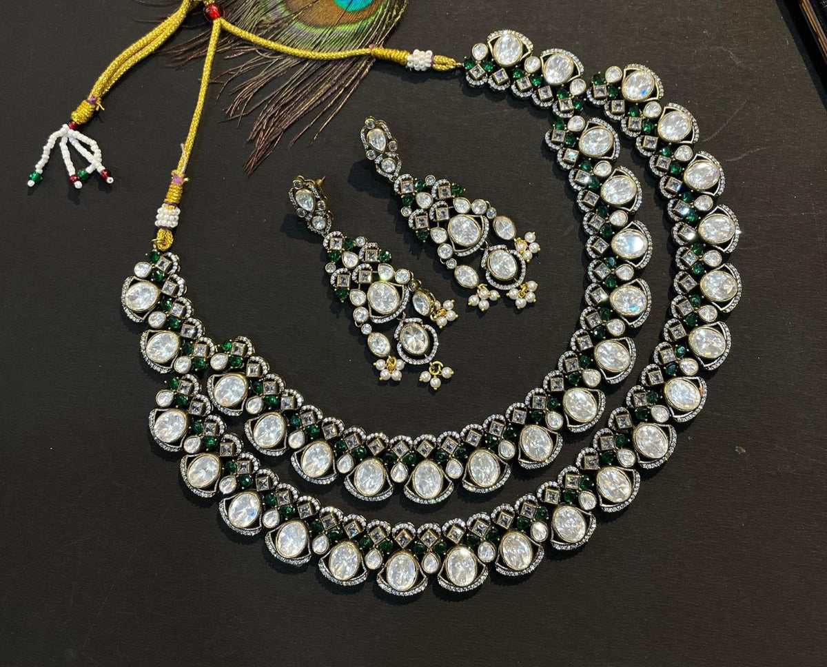 Double Layer Polki White Choker Earrings Set For Wedding - Libasaa.com